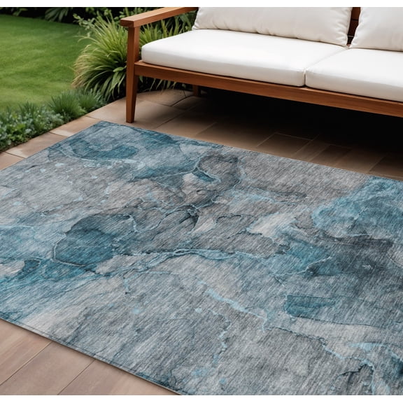 HomeRoots 581776 8 x 10 ft. Abstract Washable Indoor & Outdoor Rectangle Area Rug, Teal Blue & Navy Blue