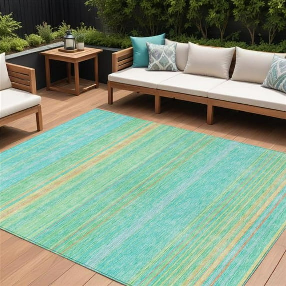 HomeRoots 614794 8 x 10 ft. Aqua Green & Yellow Striped Washable Indoor & Outdoor Rectangle Area Rug