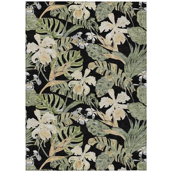HomeRoots 618391 8 x 10 ft. Black, Beige & Fern Green Botanical Leaves Washable Indoor & Outdoor Rectangle Area Rug