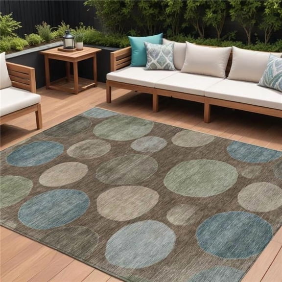 HomeRoots 630570 8 x 10 ft. Chocolate Fern Green & Teal Blue Geometric Washable Indoor & Outdoor Rectangle Area Rug