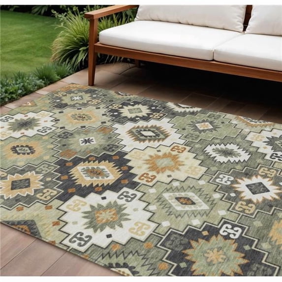 HomeRoots 632266 8 x 10 ft. Fern Green Gold & Charcoal Southwestern Washable Indoor & Outdoor Rectangle Area Rug