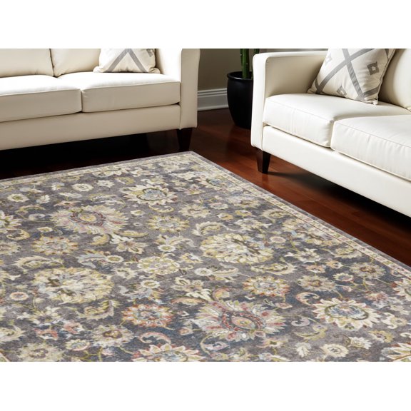 HomeRoots 551337 8 x 10 ft. Floral Distressed Rectangle Area Rug, Charcoal, Brown & Yellow