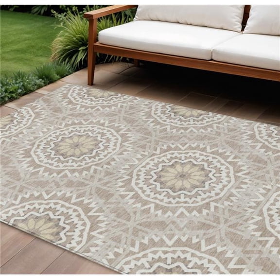 HomeRoots 578685 8 x 10 ft. Floral Medallion Washable Indoor & Outdoor Rectangle Area Rug, Taupe, Khaki & Ivory