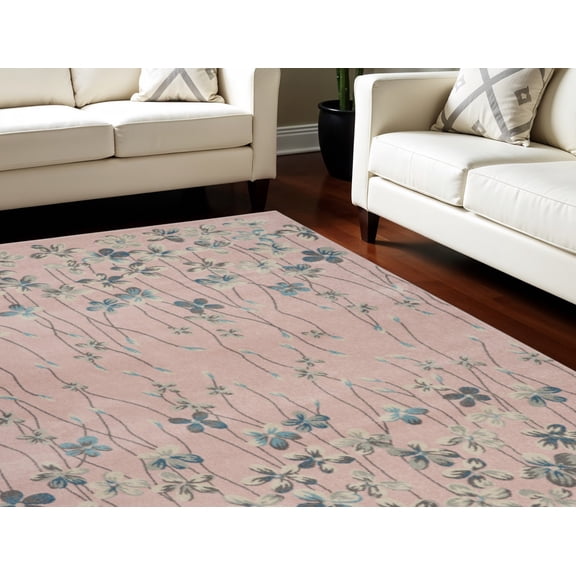 8' X 10' Pink Gray and Blue Floral Area Rug