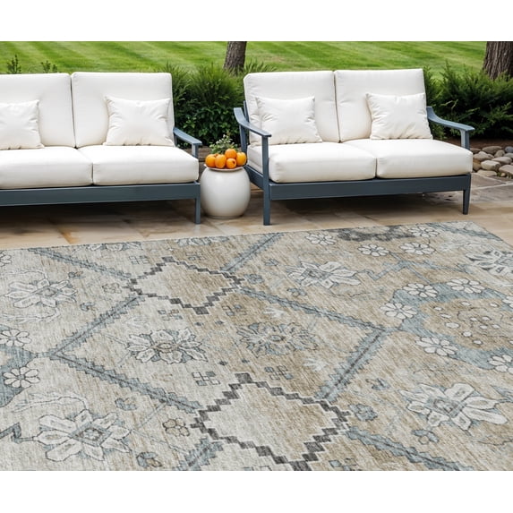 8' X 10' Beige Taupe And Tan Floral Washable Indoor Outdoor Area Rug
