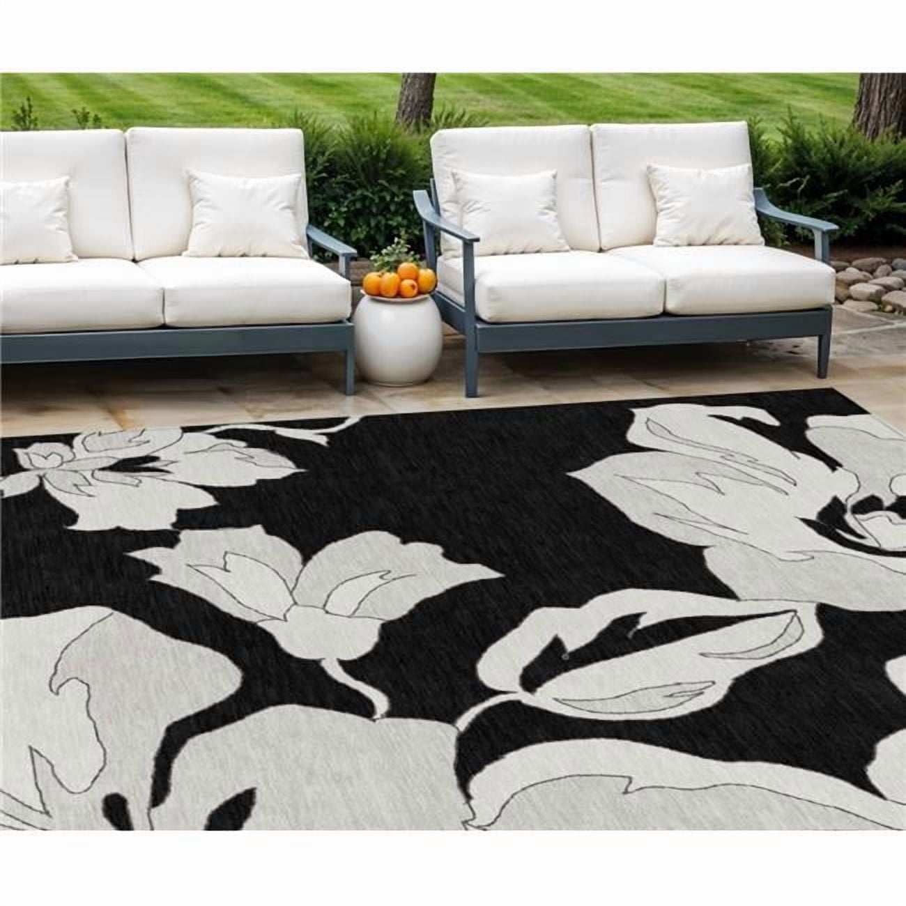 HomeRoots 589527 8 x 10 ft. Floral Washable Indoor & Outdoor Rectangle Area Rug, Black, Gray & Silver