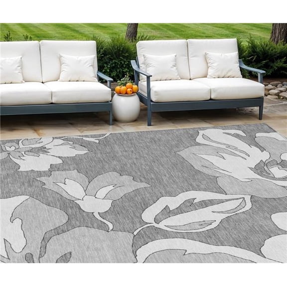 HomeRoots 589539 8 x 10 ft. Floral Washable Indoor & Outdoor Rectangle Area Rug, Gray & Silver
