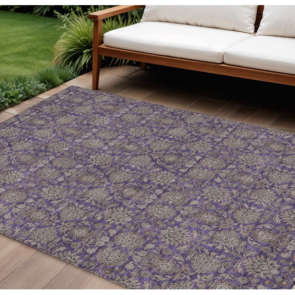 HomeRoots 582305 8 x 10 ft. Floral Washable Indoor & Outdoor Rectangle Area Rug, Purple, Beige & Taupe