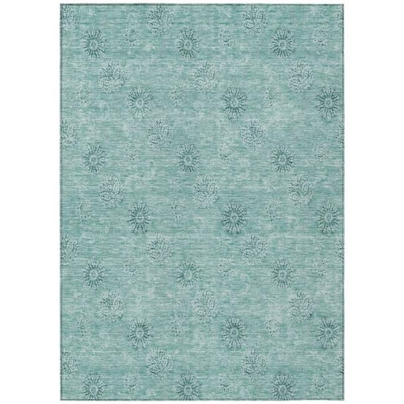 HomeRoots 587029 8 x 10 ft. Floral Washable Indoor & Outdoor Rectangle Area Rug, Teal Blue & Ivory