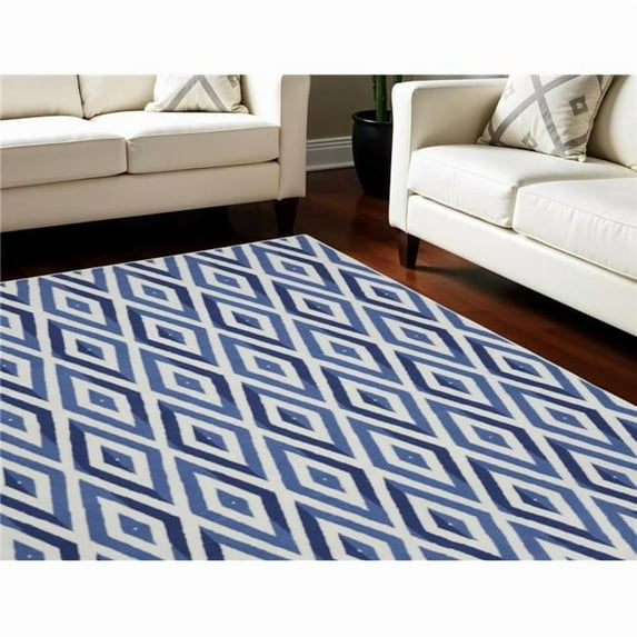 HomeRoots 551046 8 x 10 ft. Geometric Distressed Non Skid Rectangle Area Rug, Ivory & Blue