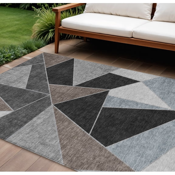 8' X 10' Chocolate Gray And Charcoal Geometric Washable Indoor Outdoor Area Rug