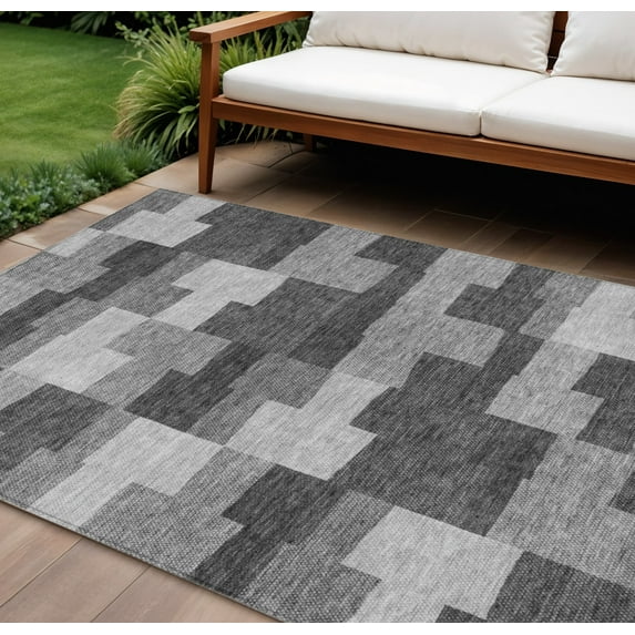 8' X 10' Gray Silver And Charcoal Geometric Washable Indoor Outdoor Area Rug