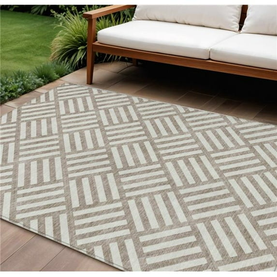 HomeRoots 578823 8 x 10 ft. Geometric Washable Indoor & Outdoor Rectangle Area Rug, Taupe & Ivory