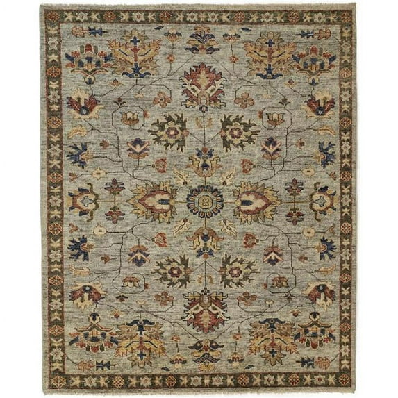 HomeRoots 8 x 10 ft. Gray Gold & Red Wool Floral Hand Knotted Stain Resistant Rectangle Area Rug with Fringe