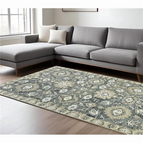 HomeRoots 570417 8 x 10 ft. Gray Ivory & Beige Wool Floral Medallion Hand Hooked Rectangle Area Rug