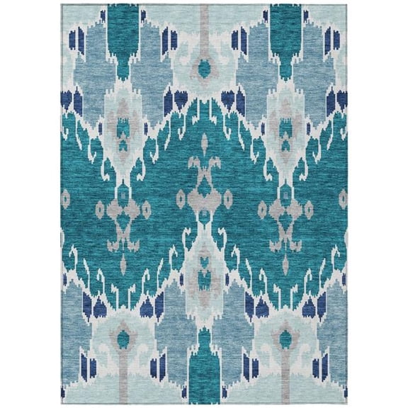 HomeRoots 584743 8 x 10 ft. Ikat Washable Indoor & Outdoor Rectangle Area Rug, Teal Blue, Navy Blue & Gray