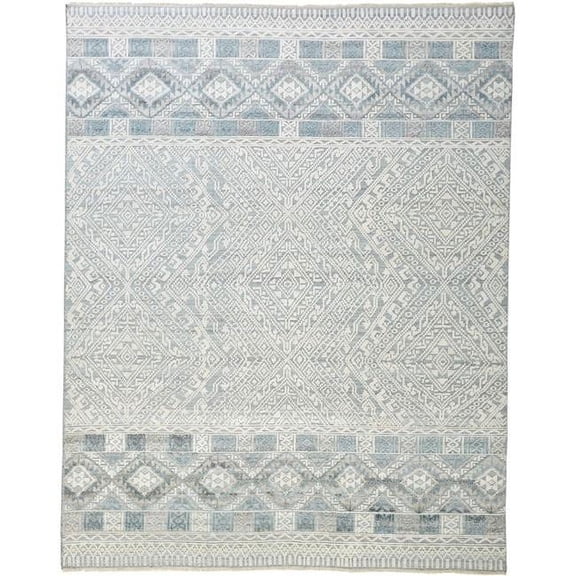 HomeRoots  8 x 10 ft. Ivory Blue & Gray Geometric Hand Knotted Rectangle Area Rug - Ivory Blue and Gray
