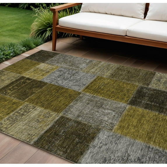 8' X 10' Brown Gold And Taupe Patchwork Washable Indoor Outdoor Area Rug