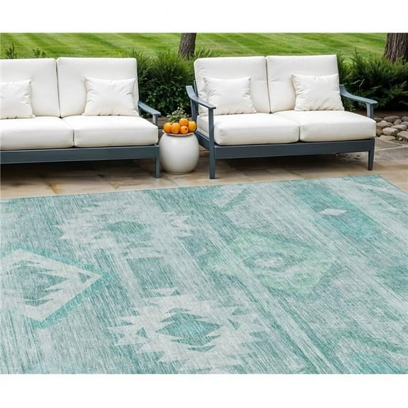 HomeRoots 588687 8 x 10 ft. Southwestern Washable Indoor & Outdoor Rectangle Area Rug, Aqua, Turquoise & Ivory