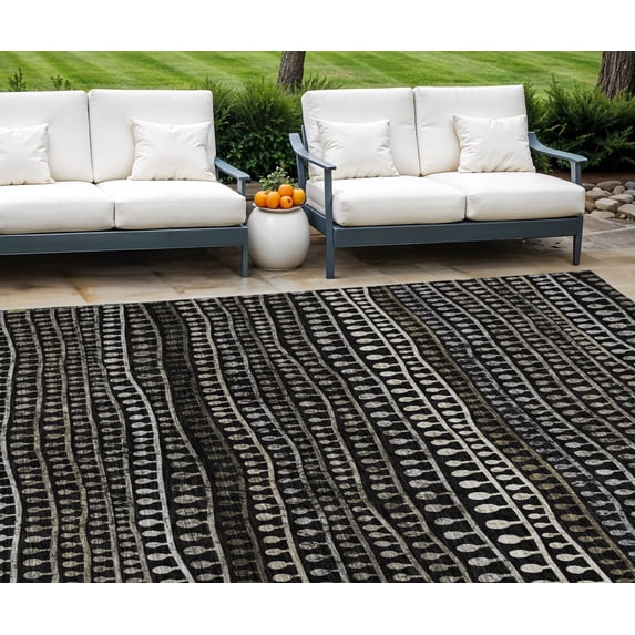 8' X 10' Taupe Charcoal And Gray Striped Washable Indoor Outdoor Area Rug