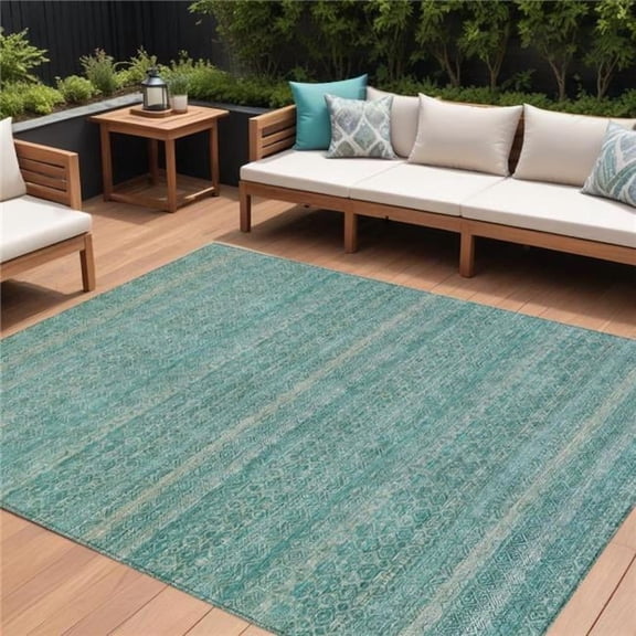 HomeRoots 631704 8 x 10 ft. Teal Blue & Beige Striped Washable Indoor & Outdoor Rectangle Area Rug