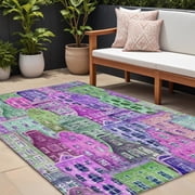 HomeRoots 577874 8 x 10 ft. Village Houses Washable Indoor & Outdoor Rectangle Area Rug, Purple, Lilac & Green