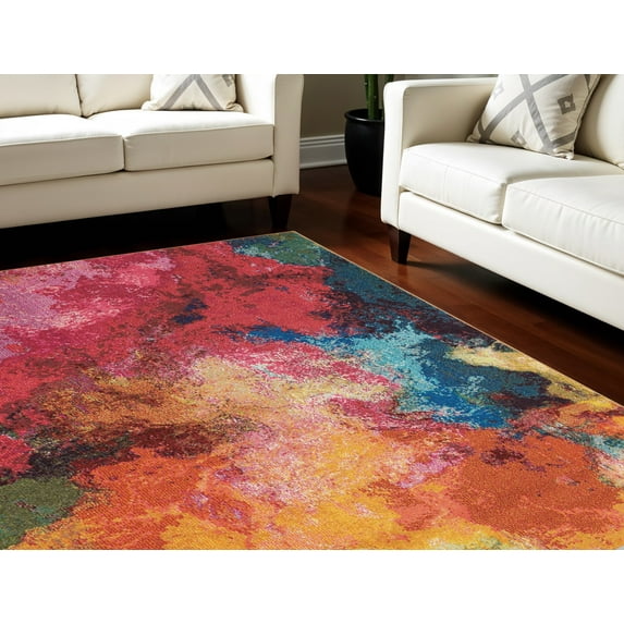 8' X 11' Navy Blue Red and Orange Abstract Non Skid Area Rug