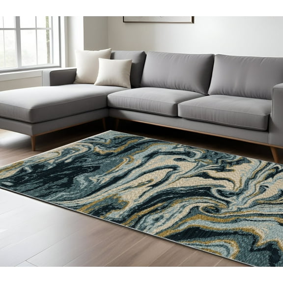 8' X 11' Navy Blue And Teal Abstract Area Rug With Fringe