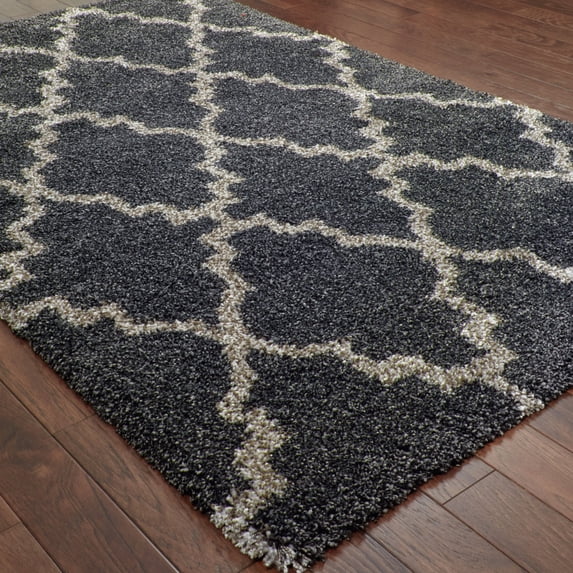 HomeRoots 8 x 11 ft. Geometric Shag Power Loom Stain Resistant Rectangle Area Rug, Charcoal & Grey