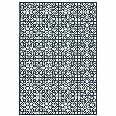 HomeRoots  8 x 11 ft. Ivory Geometric Stain Resistant Indoor & Outdoor Rectangle Area Rug - Ivory and Blue - 8 x 11 ft.