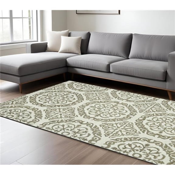 HomeRoots 570342 8 x 11 ft. Ivory & Light Brown Wool Medallion Hand Hooked Rectangle Area Rug