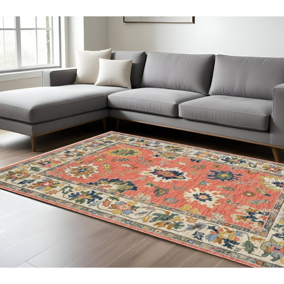 8' X 11' Salmon Blue And Yellow Oriental Area Rug With Fringe