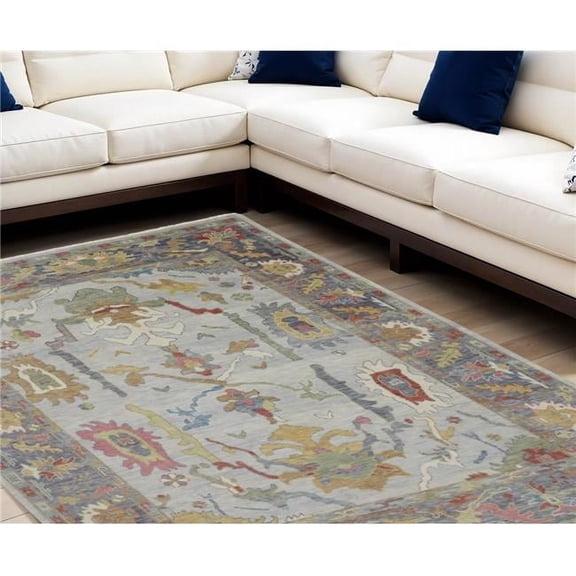 HomeRoots 566275 8 x 12 ft. Gray Blue & Gold Wool Oriental Hand Knotted Rectangle Area Rug with Fringe