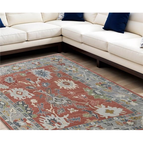 HomeRoots 566283 8 x 12 ft. Wool Floral Hand Knotted Rectangle Area Rug with Fringe, Gray, Red & Ivory