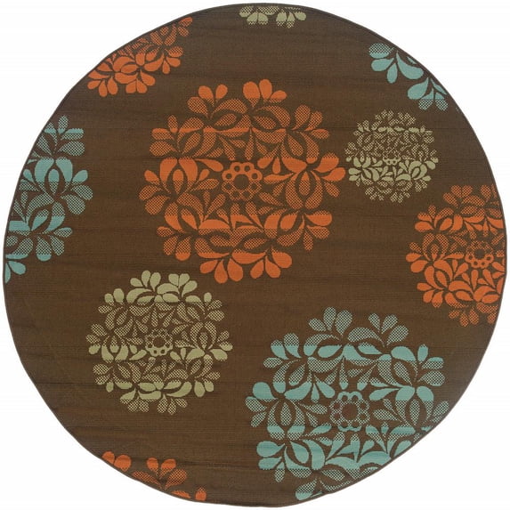 8' Brown Round Floral Stain Resistant Indoor Outdoor Area Rug