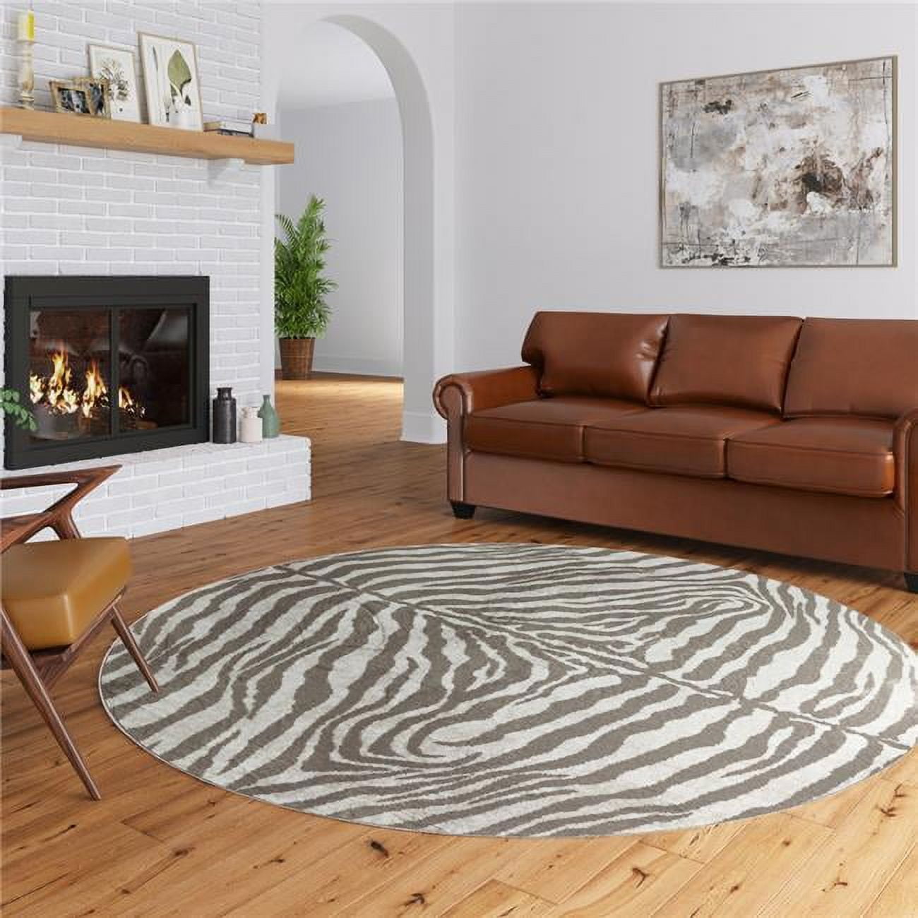 HomeRoots 8 x 8 ft. Mocha & Cream Round Zebra Print Shag Handmade Non ...