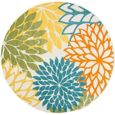 HomeRoots  8 x 8 ft. Turquoise Floral Non Skid Indoor & Outdoor Round Area Rug - Blue and Ivory - 25in. H x 94in. W x 94in. D
