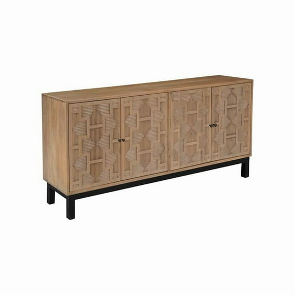 HomeRoots 634315 80 in. Brown Solid Wood Carved Geometric Sideboard with Four Doors