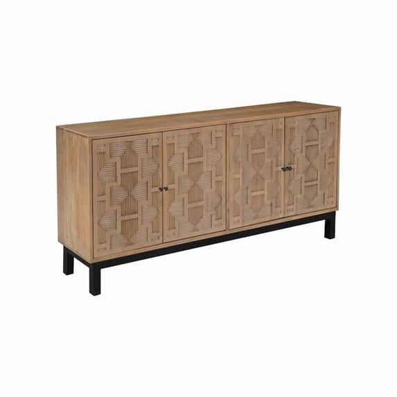 HomeRoots 634315 80 in. Brown Solid Wood Carved Geometric Sideboard with Four Doors