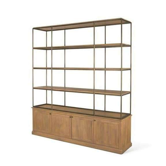 HomeRoots 611046 82 in. Antiqued Brass & Light Brown Distressed Metal & Solid Wood Three Tier Bookcase with Four Doors