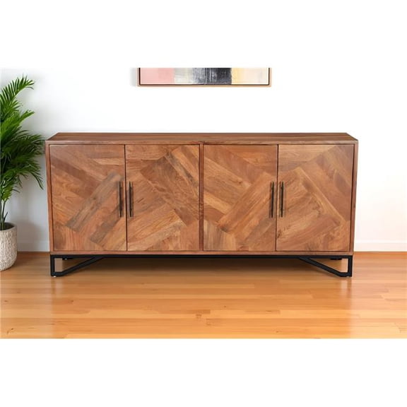 HomeRoots 634313 82 in. Brown Solid Wood Carved Geometric Sideboard with Four Doors