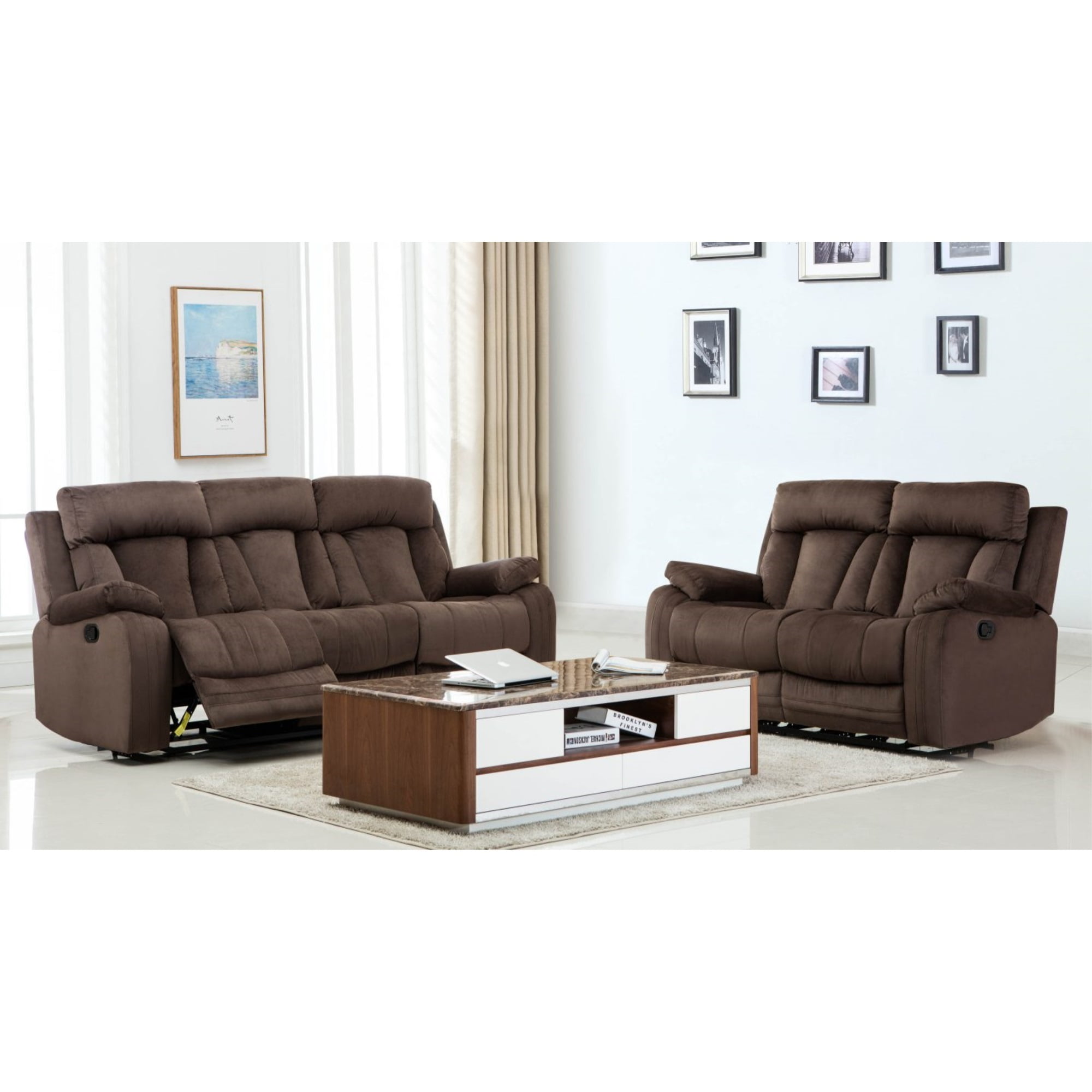 Modern Brown Microfiber Recliner Sofa and Loveseat Set