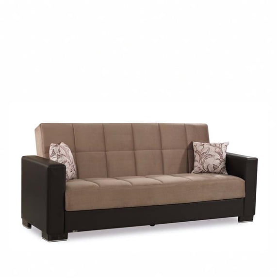 HomeRoots 607171 87 in. Sand & Brown Chenille & Faux Leather Convertible Futon Sleeper Sofa & Toss Pillows with Storage