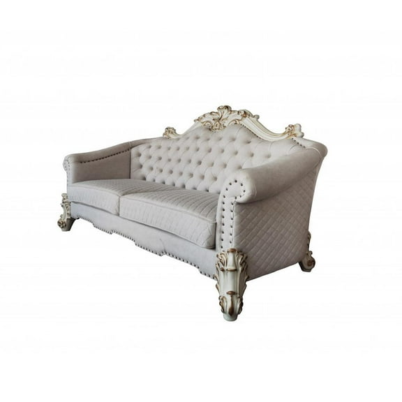 89" Ivory Velvet And Pearl Sofa With Six Toss Pillows