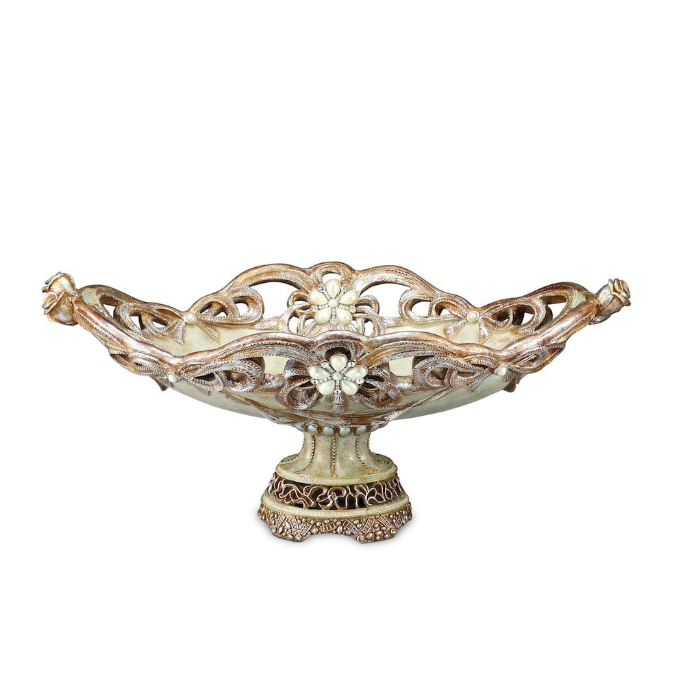 Handcrafted Beige and Gold Resin Decorative Bowl with Faux Pearls and Diamonds