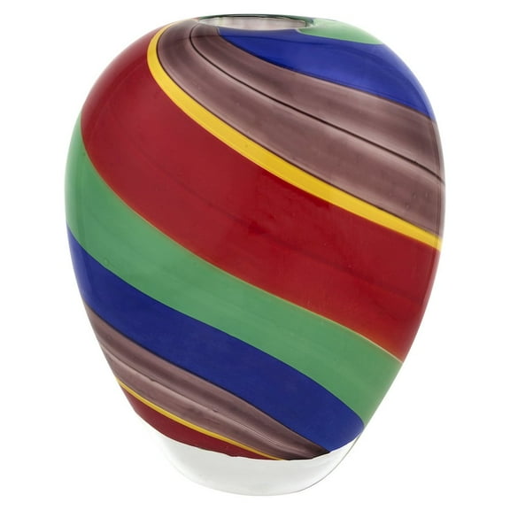 HomeRoots 9" Red And Green Murano Glass Striped Round Table Vase