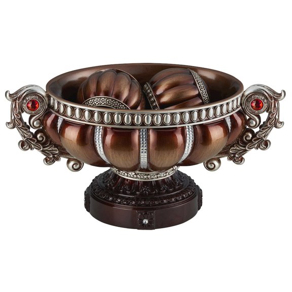 9" Reddish Bronze And Silver Polyresin Decorative Bowl With Orbs
