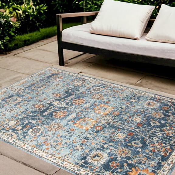 HomeRoots 9' X 12' Blue And Orange Floral Stain Resistant Indoor Outdoor Area Rug