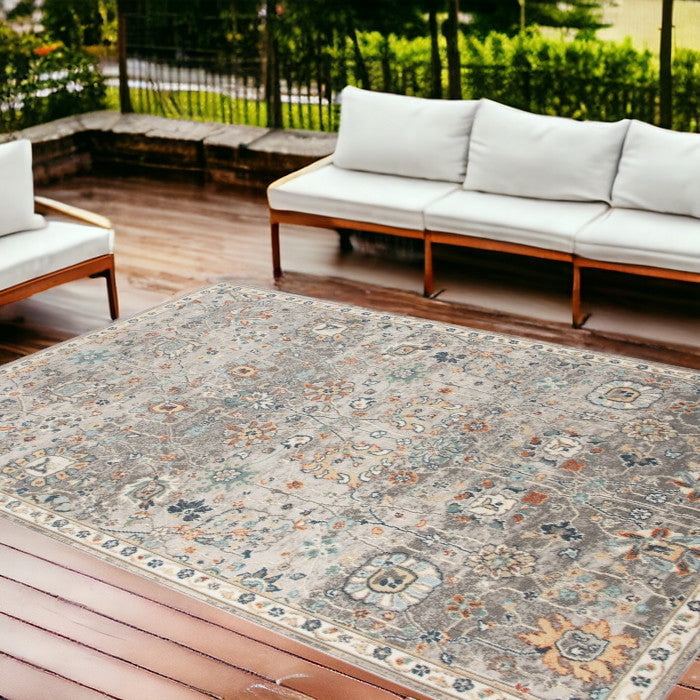 5' X 7' Blue and Orange Floral Stain Resistant Indoor Outdoor Area Rug Color: Gray, Size: 8'9" x 11'9"