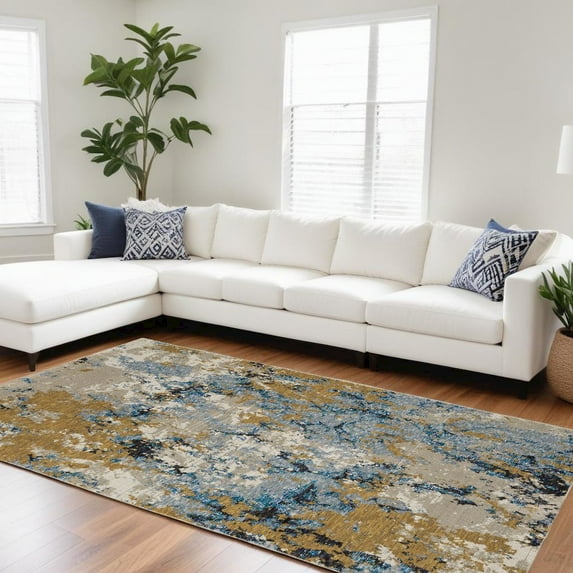 9' X 12' Gold Grey And Ivory Abstract Power Loom Stain Resistant Area Rug